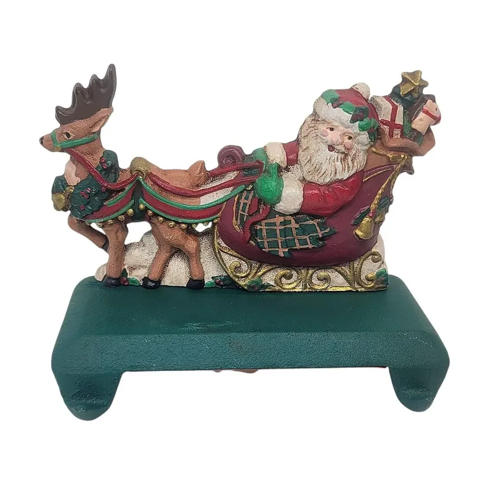 Vtg Heavy Midwest Santa Sleigh Reindeer Double Hook Cast Iron Stocking Hanger